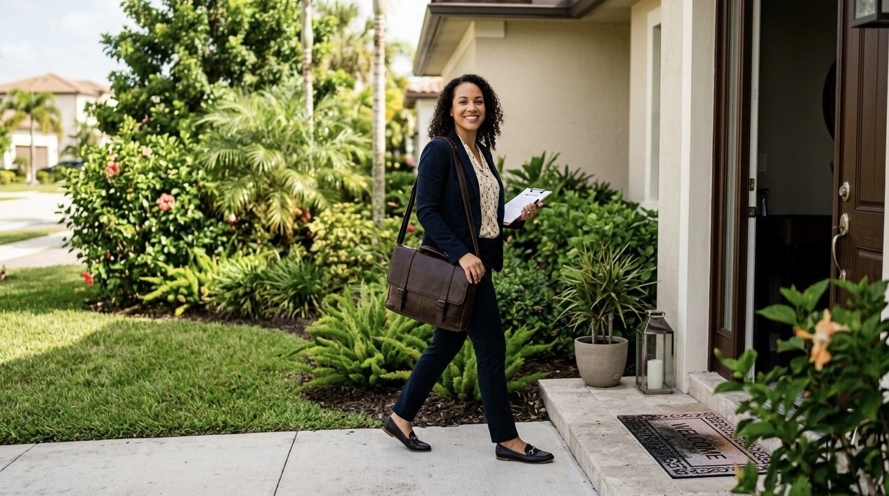 Certified mobile notary arriving at West Palm Beach home to notarize personal documents for Palm Beach County client