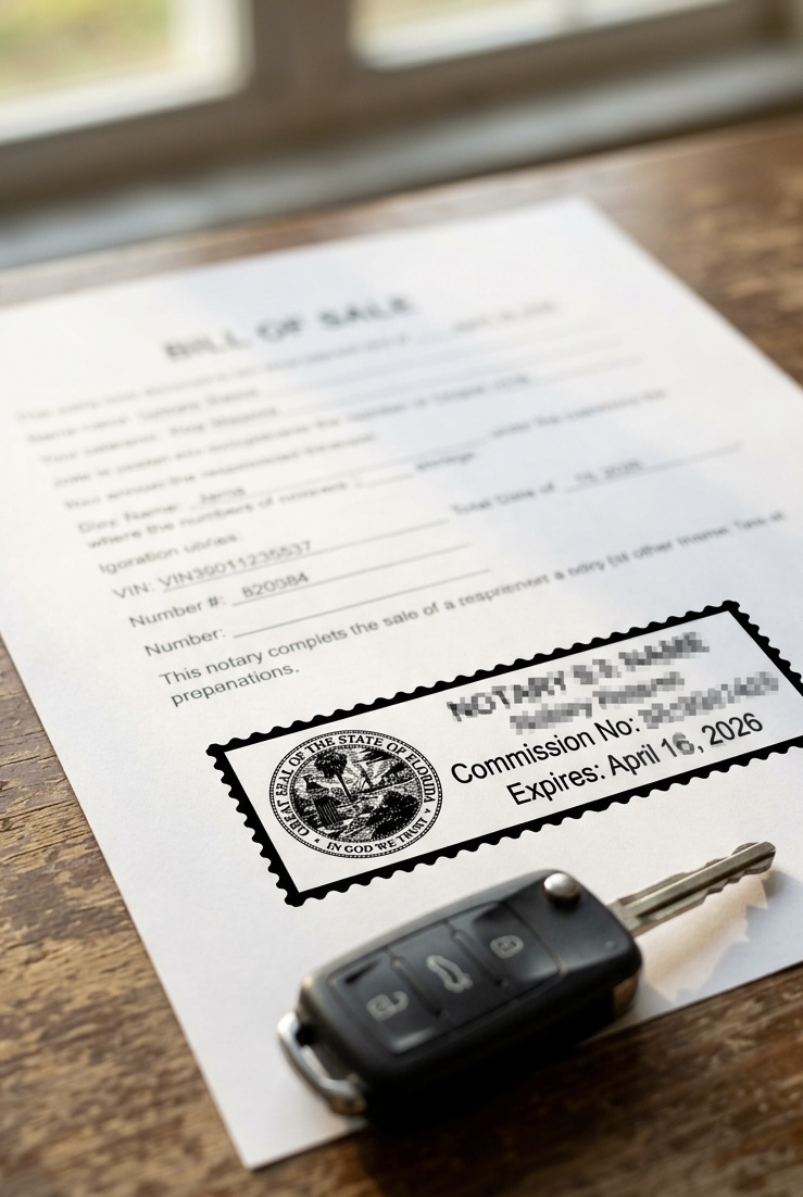 West Palm Beach mobile notary completing Florida vehicle bill of sale notarization at Palm Beach County home